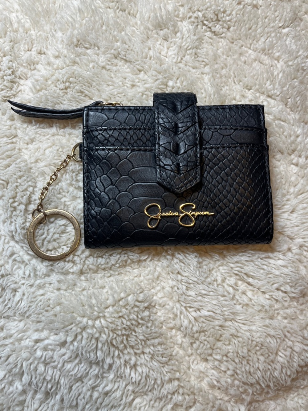 Jessica Simpson Black Textured Cardholder Wallet with Gold Logo